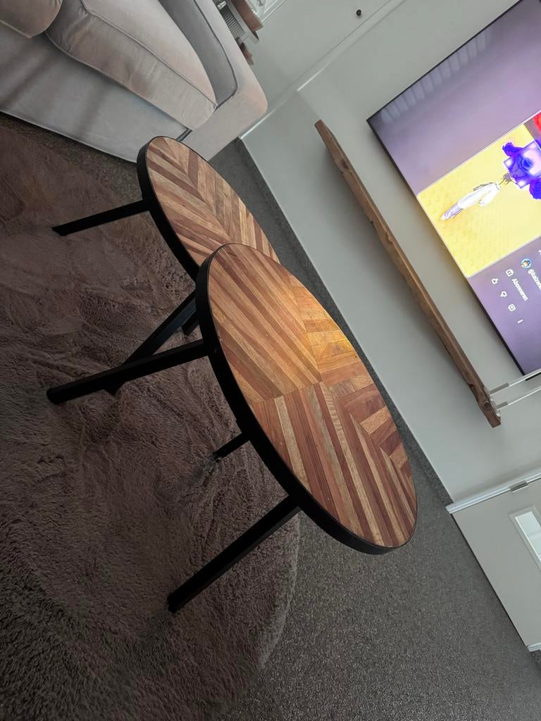 Set van 2 salon tafels met houten blad en metalen poten, Gebruikt, Rond, Minder dan 50 cm, Overige houtsoorten