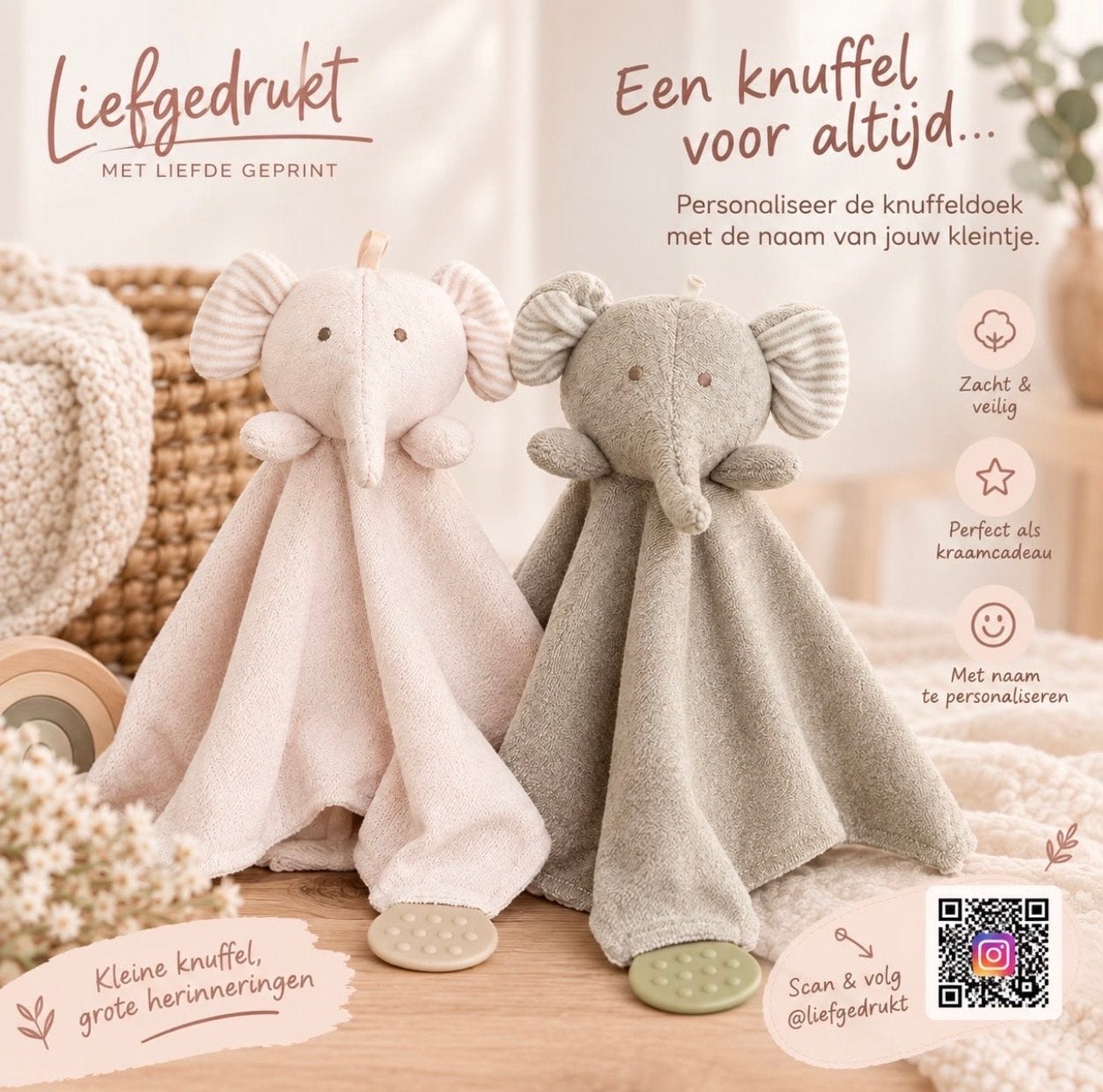 Gepersonaliseerde Olifant Knuffeldoek - Zacht & Veilig, Overige merken, Handgemaakt, Nieuw, Ophalen of Verzenden