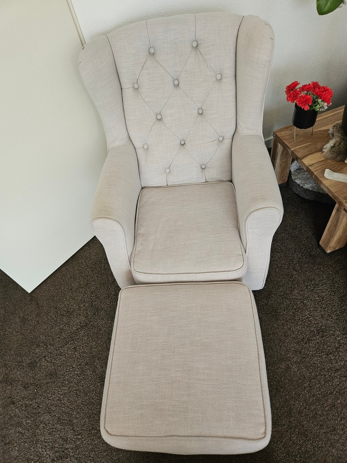 urban sofa gebroken beige stoel met poef set eiken poten, Huis en Inrichting, Ophalen, Gebruikt, Overige kleuren, Landelijk