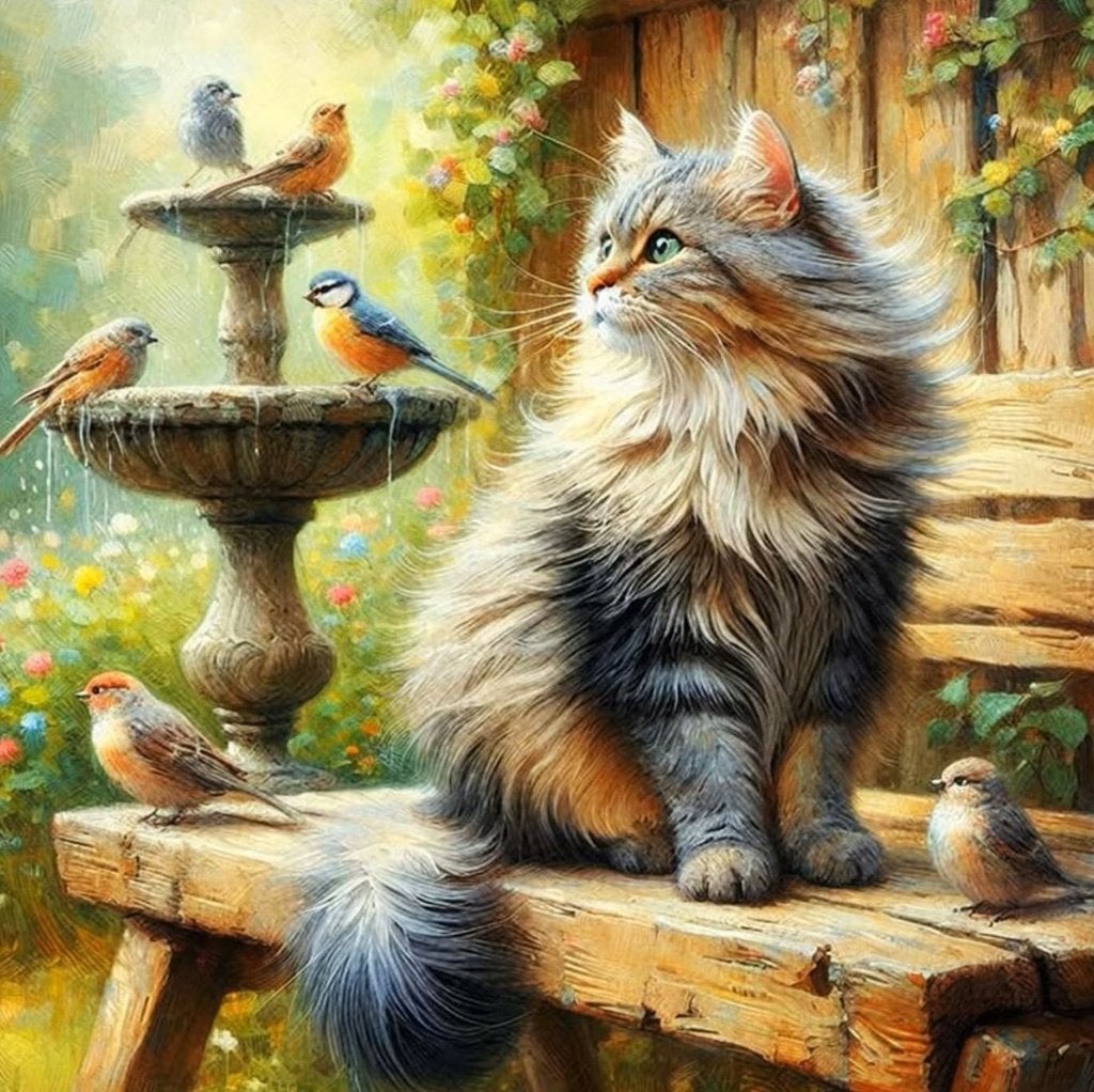 20x20cm Diamond Painting poes met vogeltjes (rond) nr 530, Verzenden, Nieuw, Dieren, Diamond painting