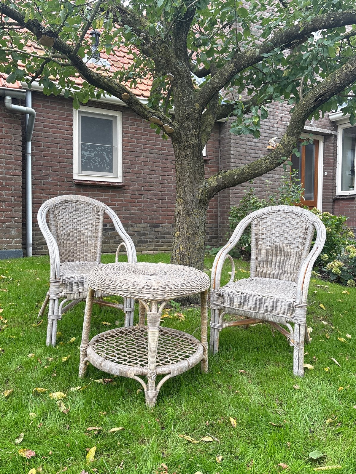 Vintage rotan zitje: 2 stoelen en een tafeltje - opknapper, Tuin en Terras, Ophalen, Gebruikt, Bijzettafel, 2 zitplaatsen
