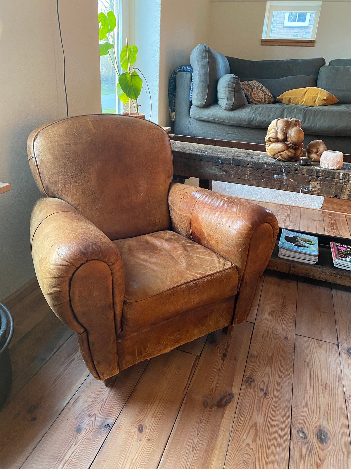 Vintage Leren Club Fauteuil - Cognac, Ophalen, Gebruikt, Leer, 75 tot 100 cm