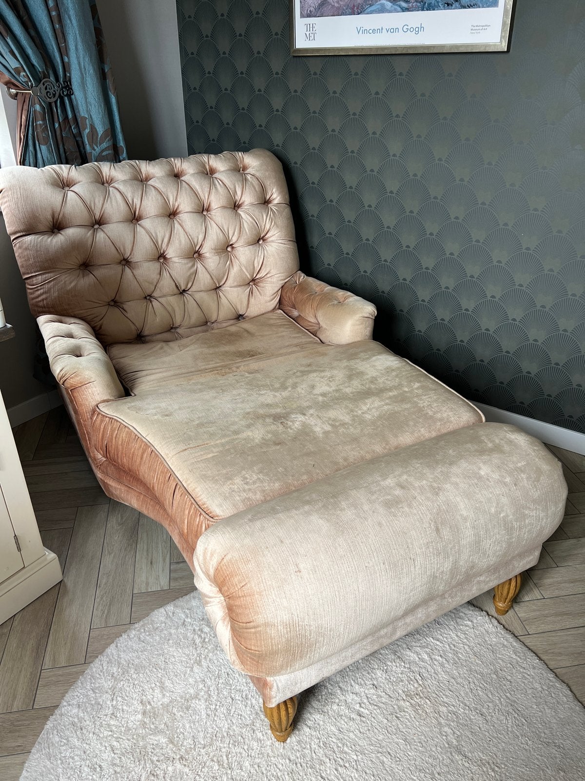 Vintage Chaise Longue - Roze Fluweel, Huis en Inrichting, Fauteuils, Ophalen, Gebruikt, 100 tot 125 cm, 150 cm of meer