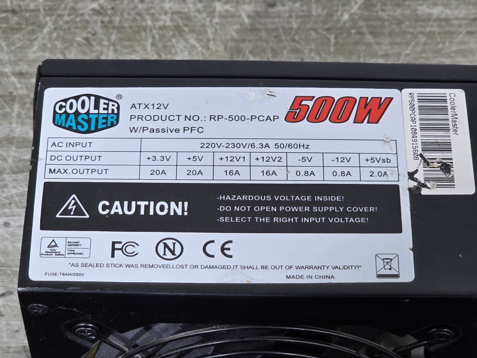 Cooler master 500w max voeding psu power supply rp-500-pcap, Gebruikt, ., Ophalen of Verzenden, .