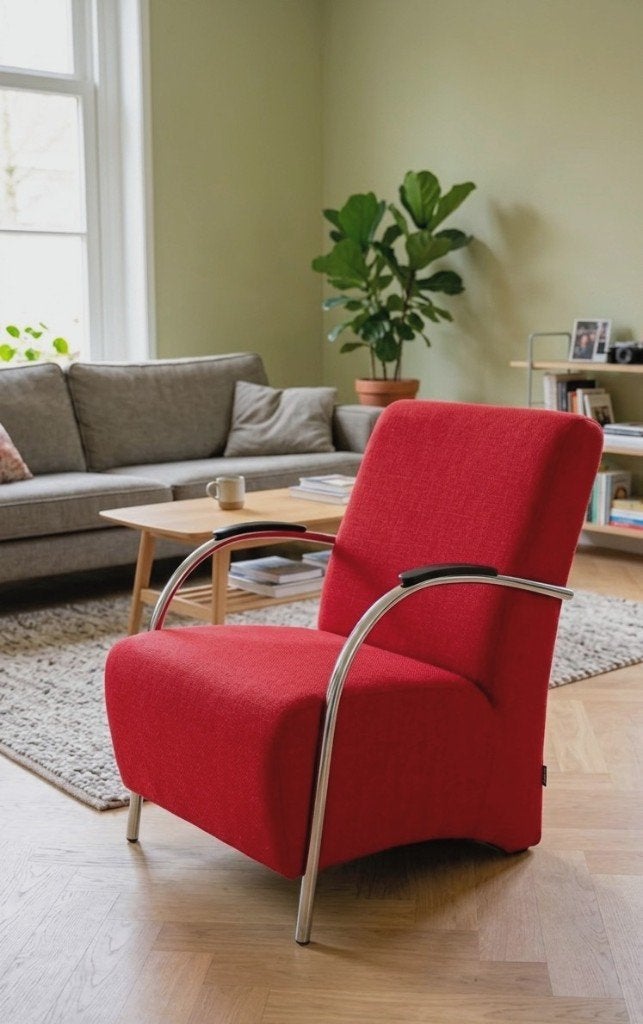 Fauteuil woood rood boucle halifax, Huis en Inrichting, Fauteuils, Ophalen, Gebruikt, Stof, 75 tot 100 cm