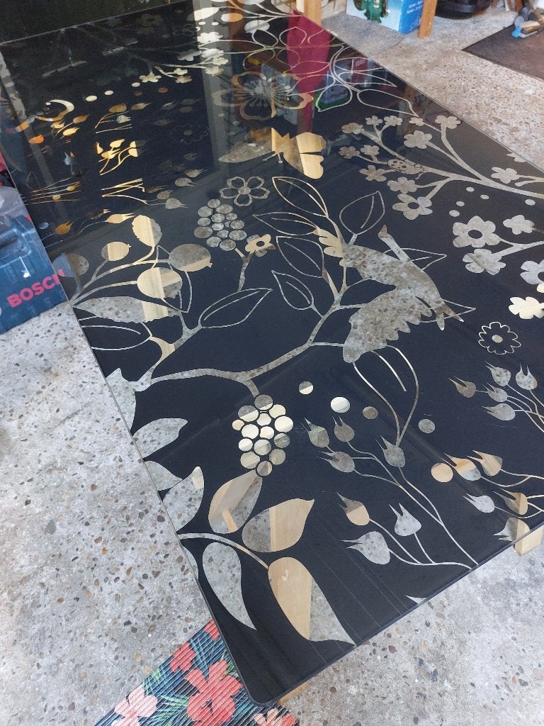 Glazen buraublad met schragen, Ophalen, Gebruikt, 150 cm, IKEA