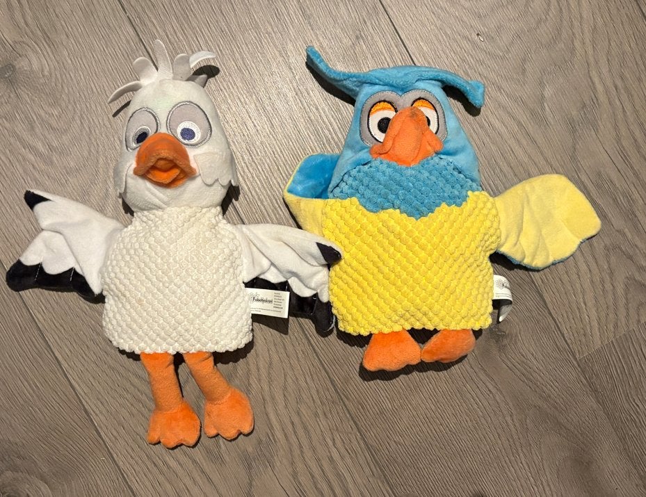 2 handpoppen fabeltjeskrant: meneer de uil juffrouw ooievaar, Gebruikt, Overige typen, Ophalen of Verzenden, Middelgroot (20 tot 80 cm)