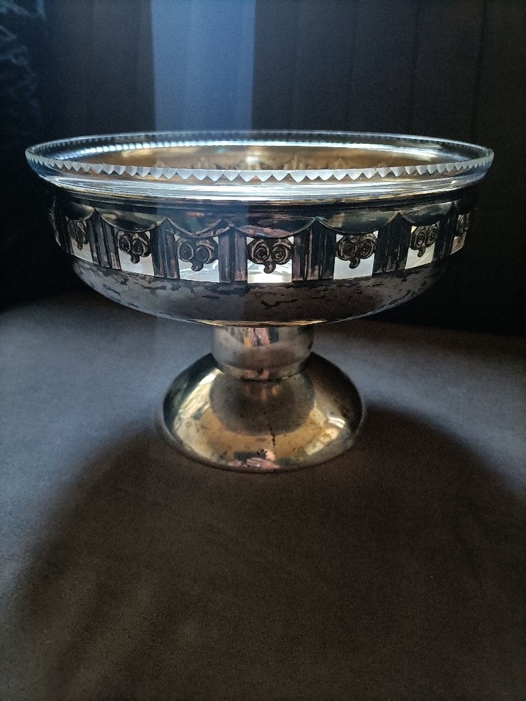Antieke zilveren tafelstuk met originele glazen schaal 800, Ophalen of Verzenden, Zilver