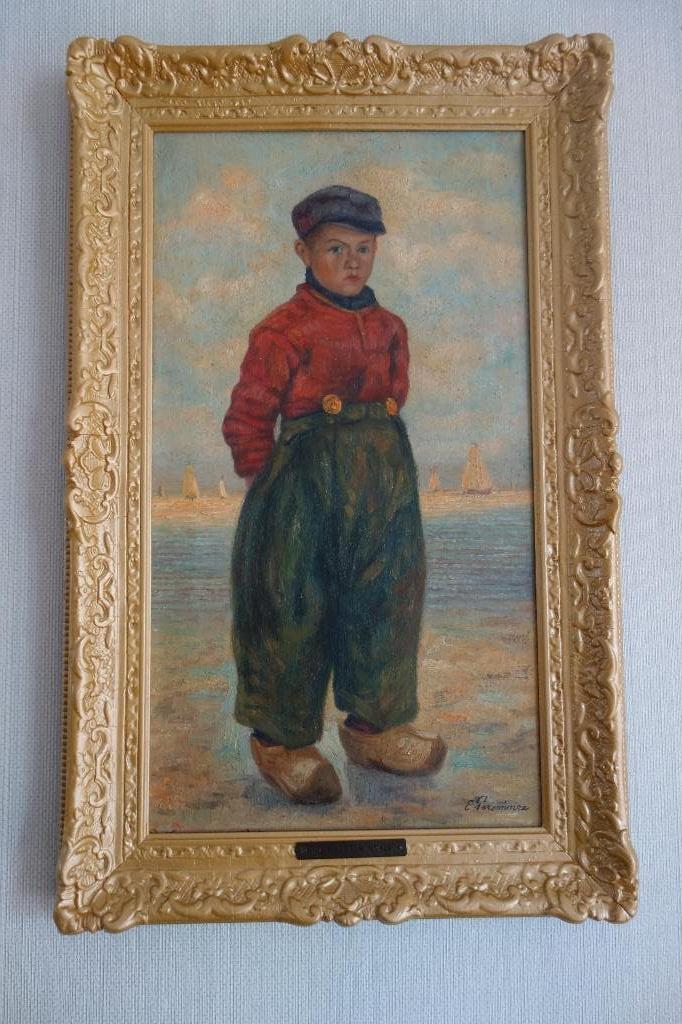 Olieverfschilderij van Volendamse jongen – E. Persenaire, Antiek en Kunst, Ophalen of Verzenden