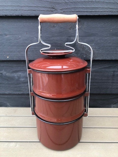 PRACHTIGE BRUIN EMAILLE 3-PANS RANTANG, Ophalen of Verzenden