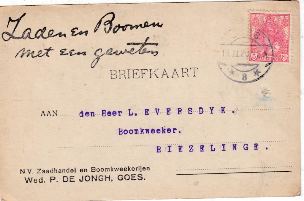 Goes-Briefkaart Wed. P. de Jongh 1920, Verzamelen, Verzenden, Voor 1920, Gelopen, Zeeland