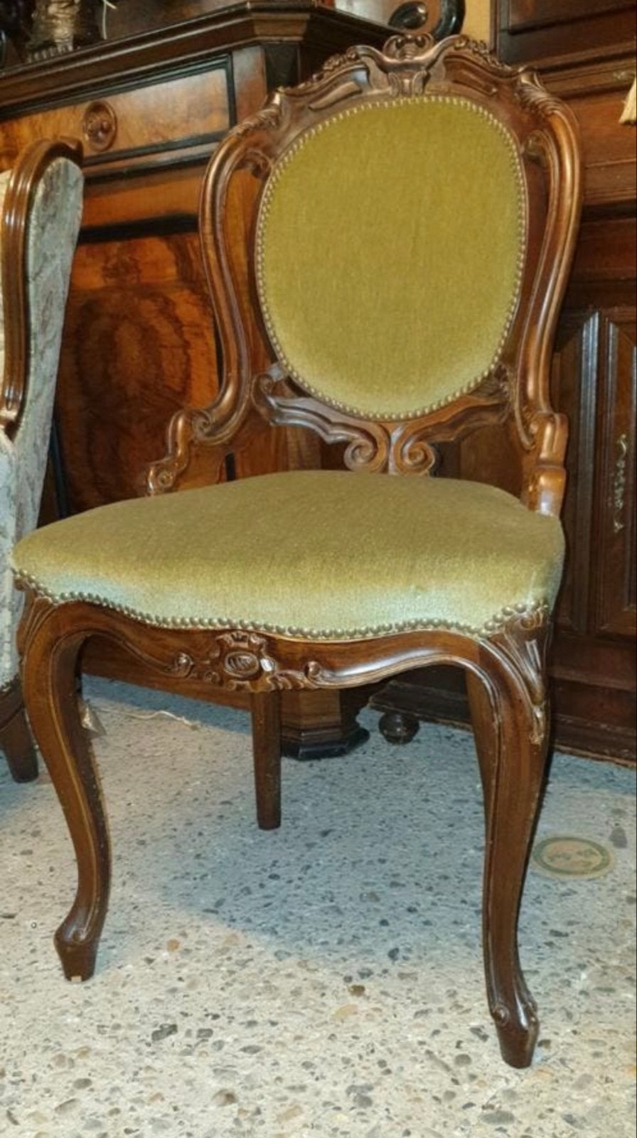 4 Barok Eetkamerstoelen - Groen Velours, Antiek en Kunst, Antiek | Meubels | Stoelen en Banken, Ophalen of Verzenden