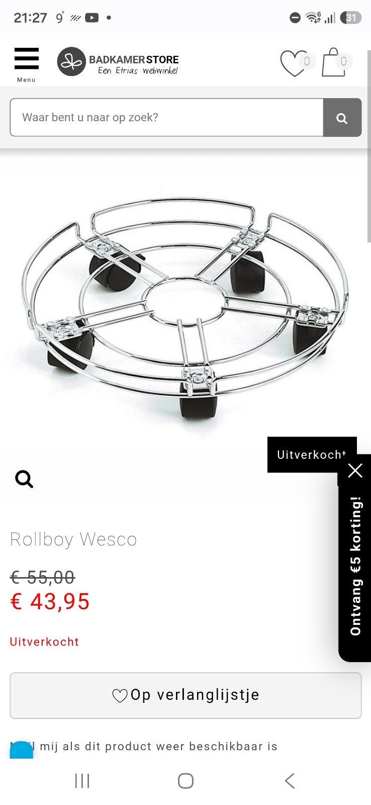 Wesco Rollboy verrijdbaar plateau voor pedaalemmer 70L, Ophalen of Verzenden, Zo goed als nieuw, Zilver, Metaal