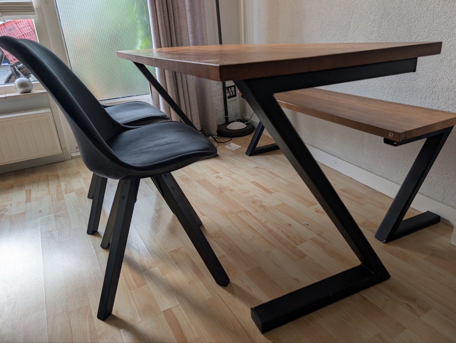 Eettafel met stoelen en bankje, Gebruikt, 100 tot 150 cm, 50 tot 100 cm, Modern industrieel