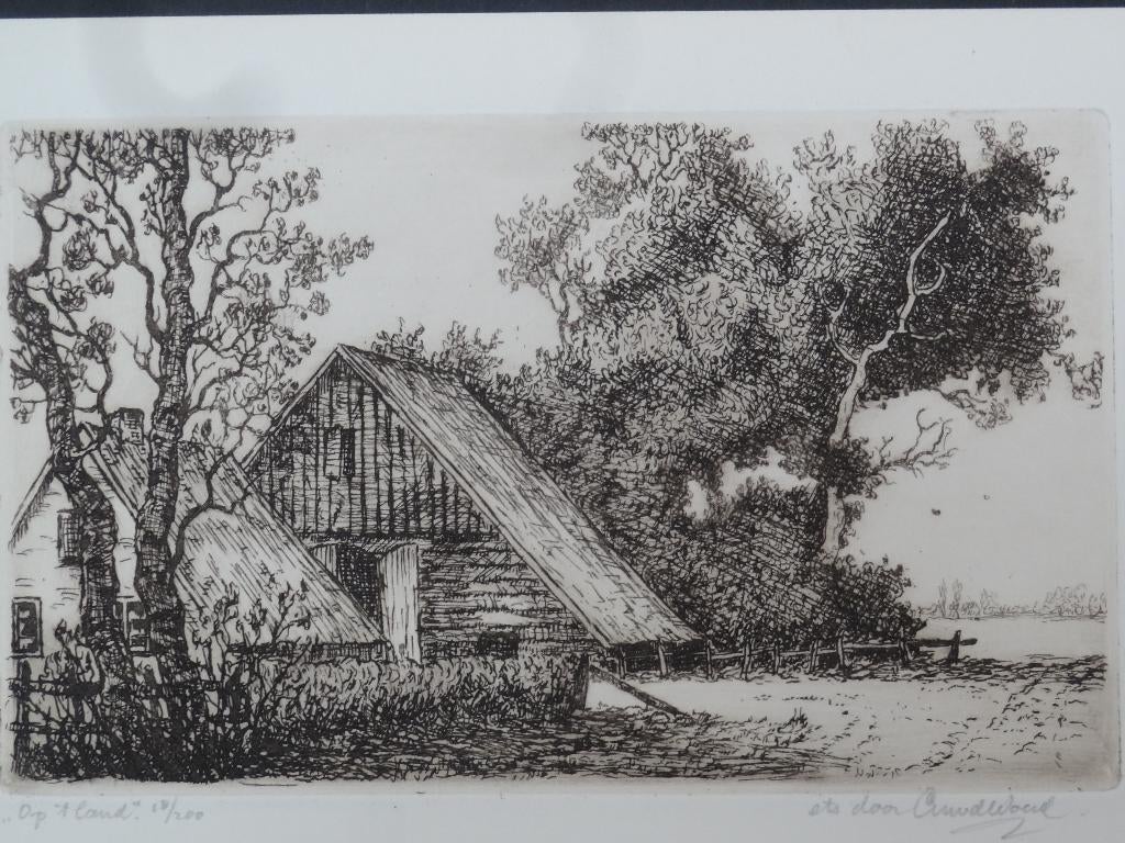 Fraaie ets titel Op t land, CM van der Woerd, 1901-1994, Antiek en Kunst, Architectuur, Origineel, 1950 - 1999, Verzenden