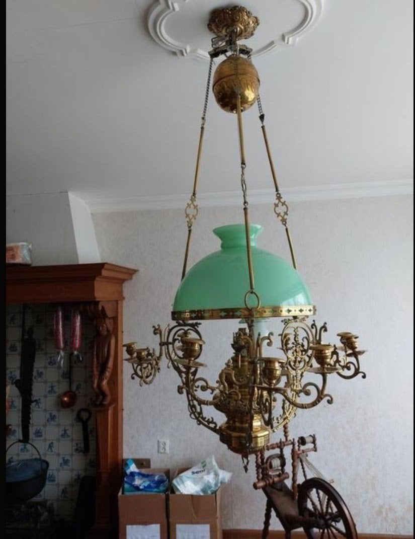 Antieke bronzen hanglamp met groen glazen kap, Antiek en Kunst, Ophalen of Verzenden