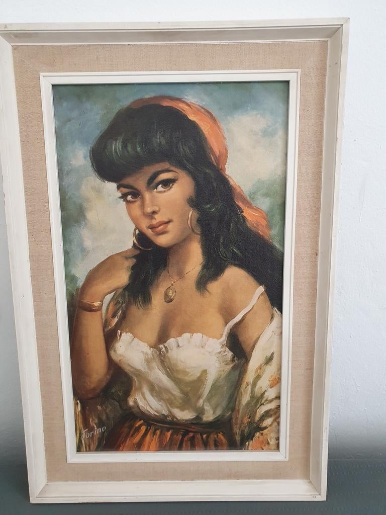 Vintage Schilderij: Zigeunermeisje met Hoepeloorbellen, Antiek en Kunst, Ophalen