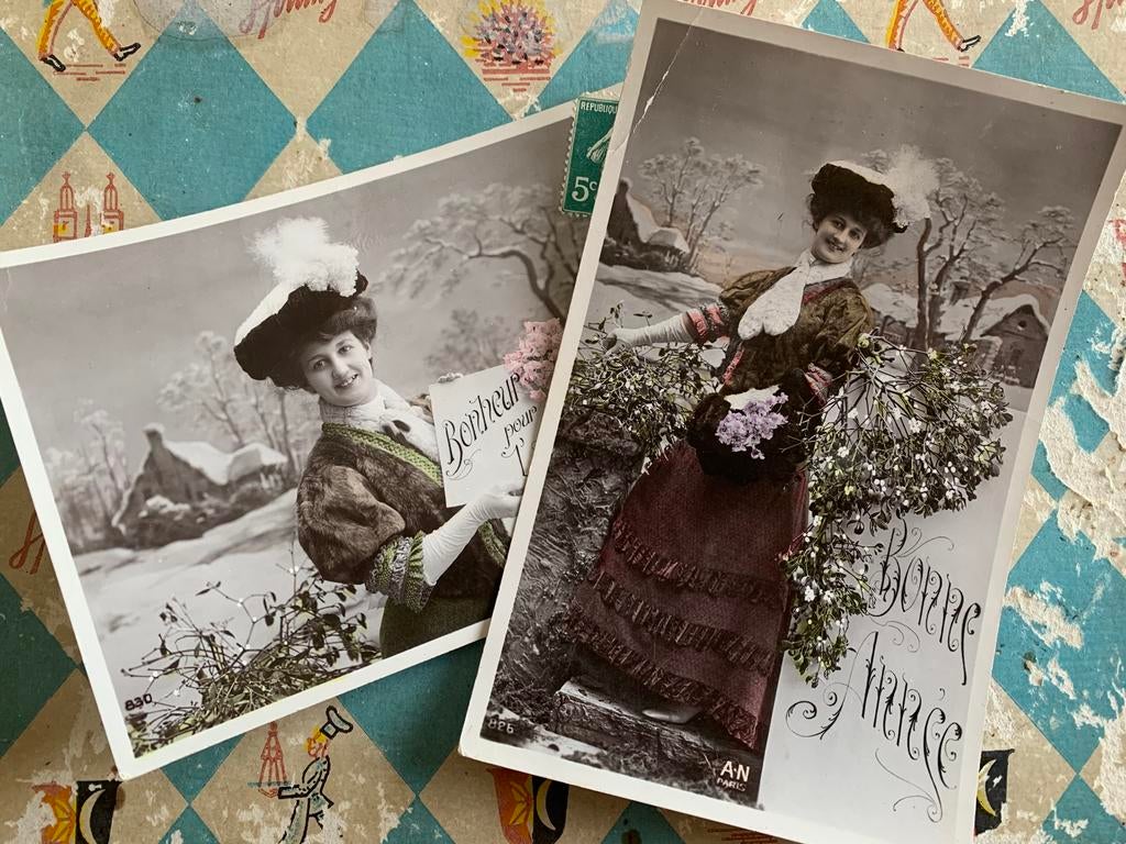 1909 Bonne Année - Dame met maretakken, Ophalen of Verzenden, Voor 1920, Gelopen, Feest(dag)