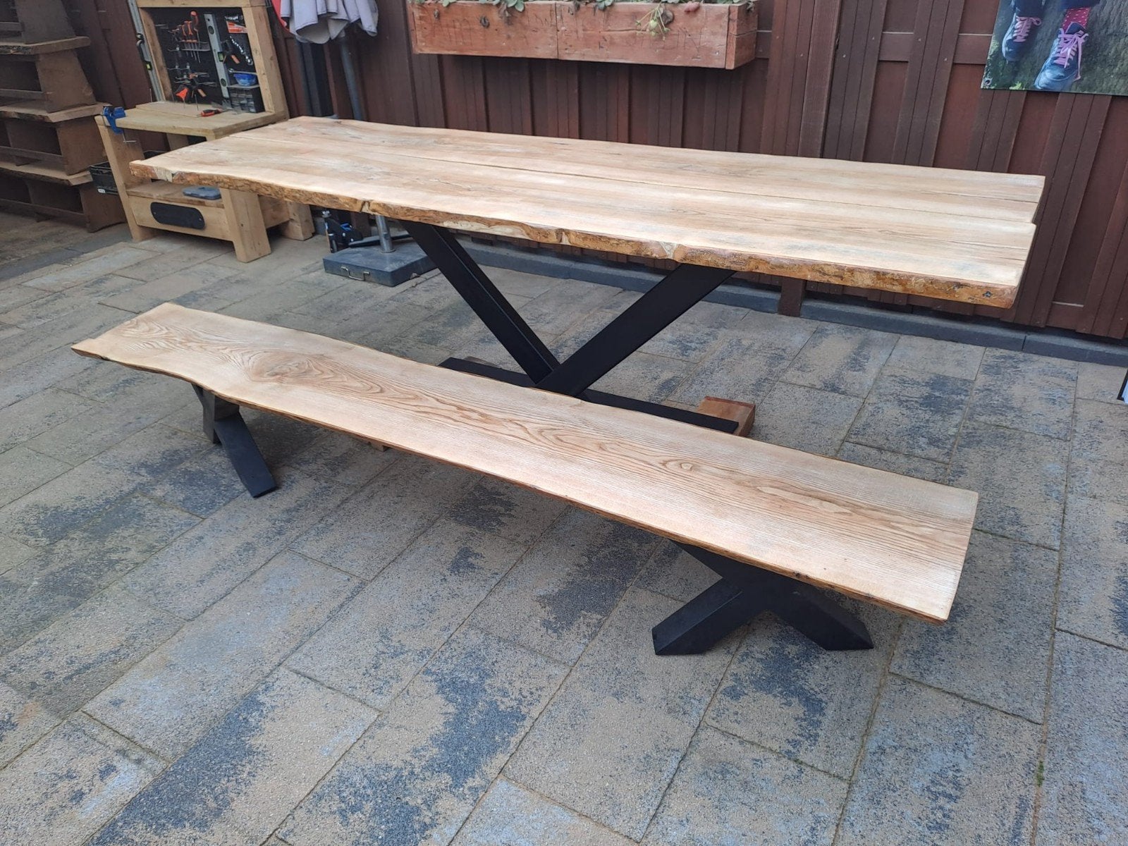 Eikenhouten eettafel met bankje - 240x75/80x78 cm, Huis en Inrichting, Ophalen, Zo goed als nieuw, Rechthoekig