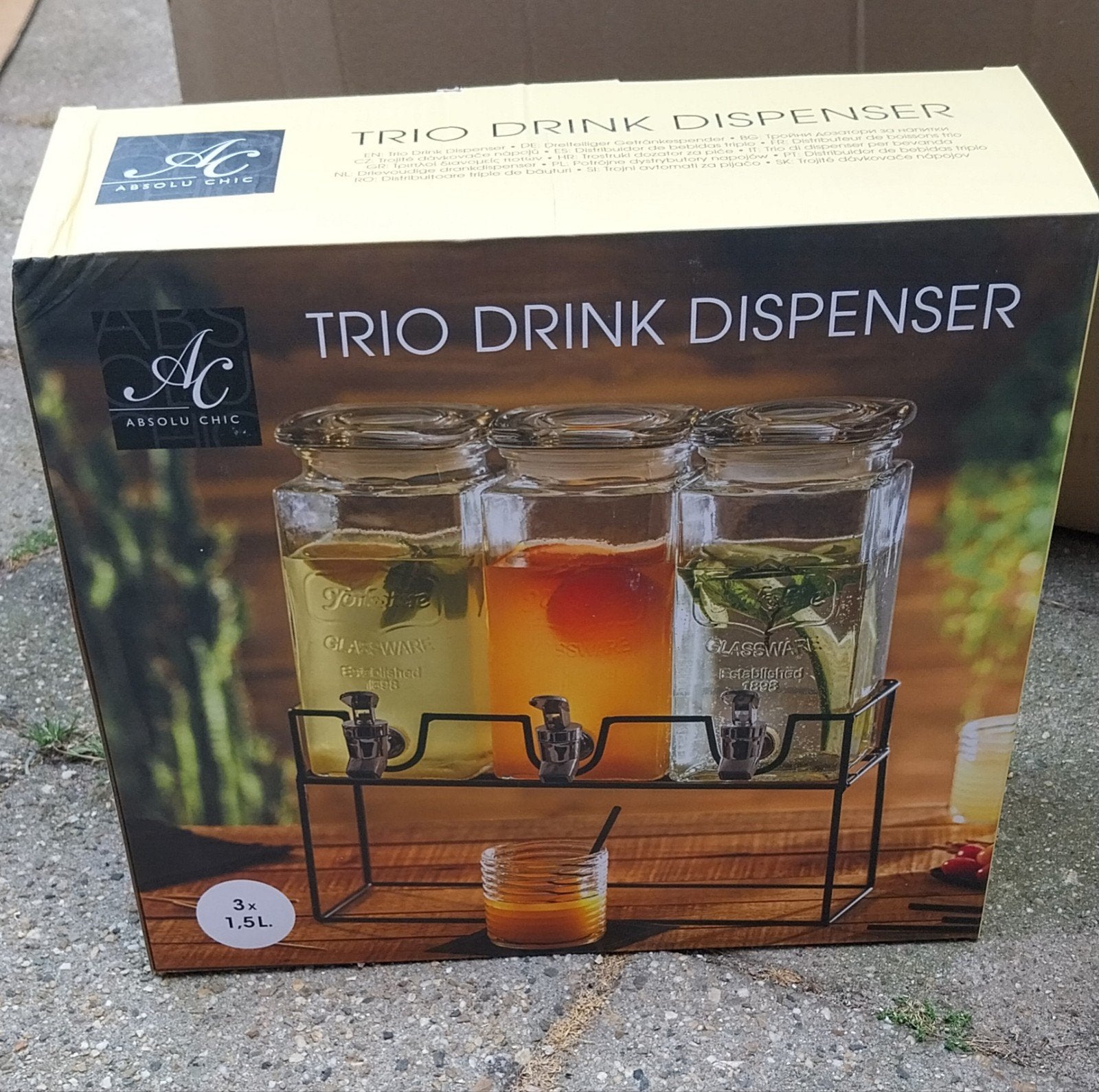 Trio Drink Dispenser met 3x 1.5L glazen potten en kraantjes, Huis en Inrichting, Ophalen of Verzenden, Nieuw, Glas