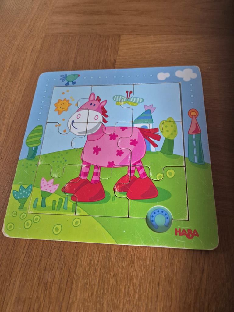 Vrolijke Houten haba Paardenpuzzel voor Kinderen 9 stukjes, 2 tot 4 jaar, Gebruikt, Ophalen of Verzenden, Van hout