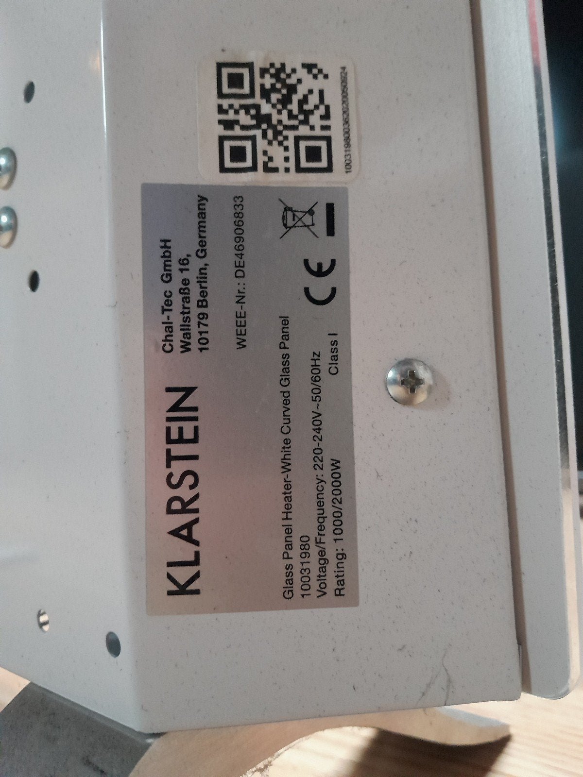 Klarstein Glaspaneel Kachel - Wit, Gebogen, 1000/2000W, Ophalen, 30 tot 80 cm, Kachel, Zo goed als nieuw
