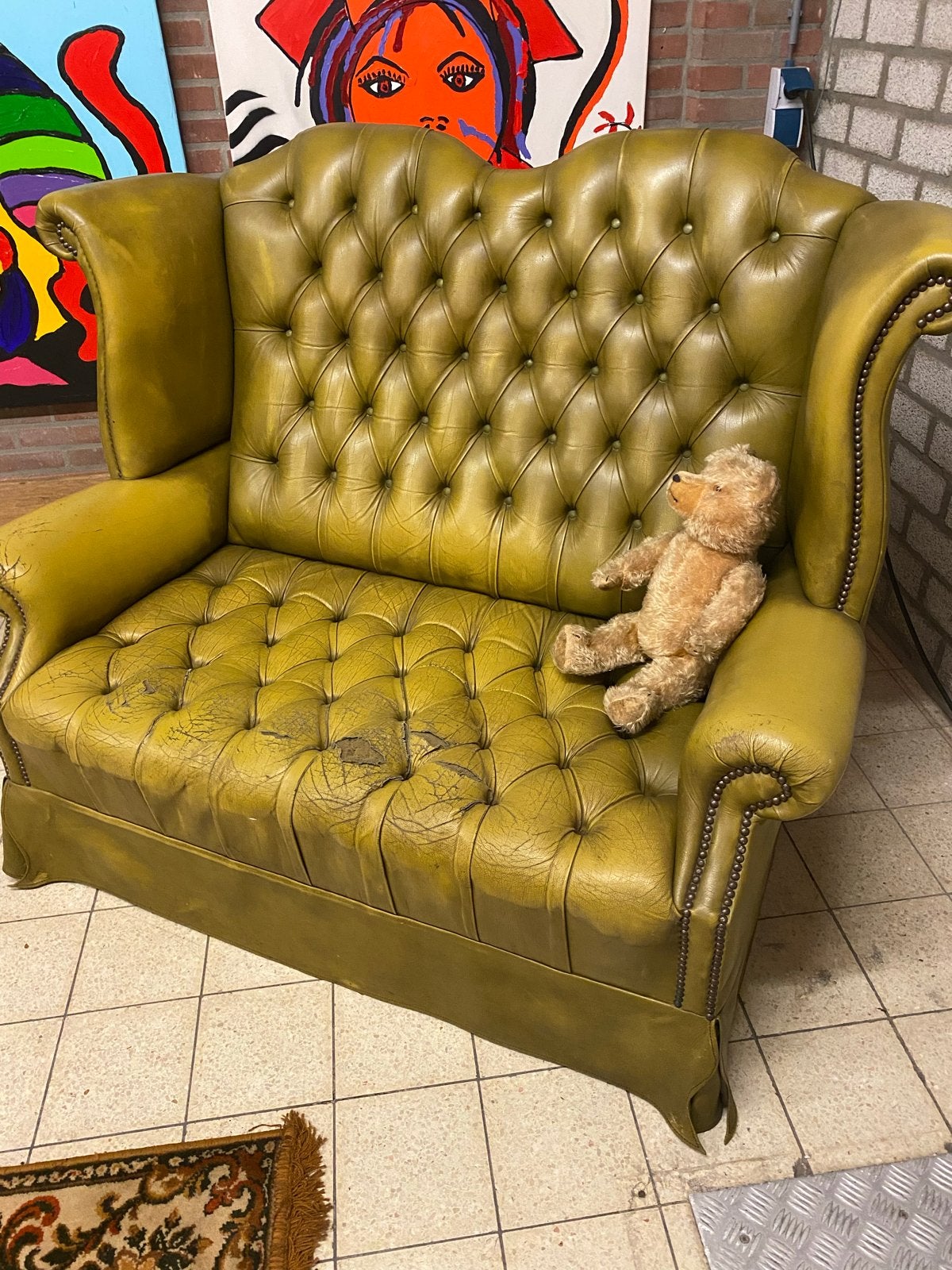 Vintage Chesterfield 2-zitsbank in olijfgroen leer, Ophalen