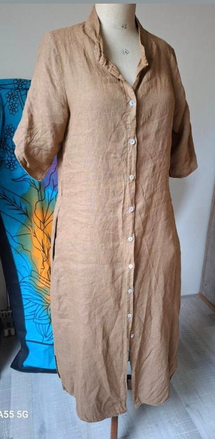 Prachtige camelkleur linnen jurk** 3de gratis, Kleding | Dames, Overige kleuren, Ophalen of Verzenden, Zo goed als nieuw, Onder de knie