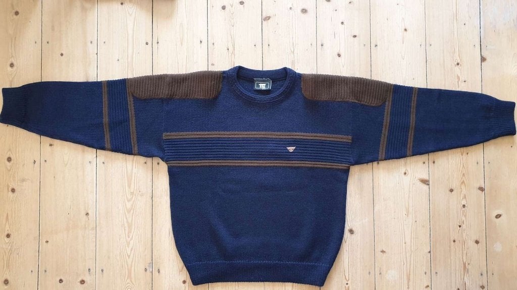 Vintage jaren 80 90 trui heren, blauw bruin, Tigi, edium, Kleding | Heren, Ophalen, Nieuw, Maat 48/50 (M), Blauw