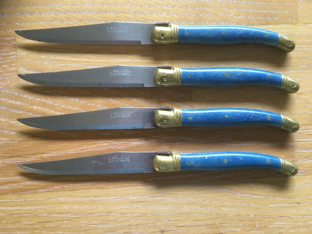 Laguiole steakmes blauw 4x, Los bestek, Laguiole, Rvs of Chroom, Snijmes