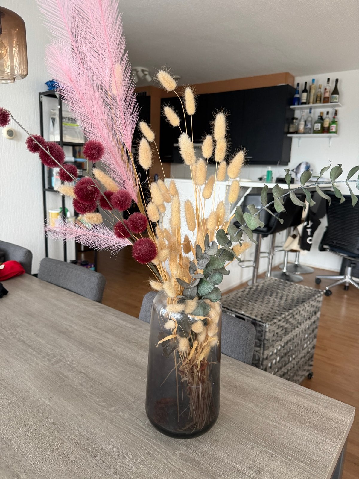 Boeket van droogbloemen in glazen vaas, Ophalen, Meerkleurig, Zo goed als nieuw, Modern