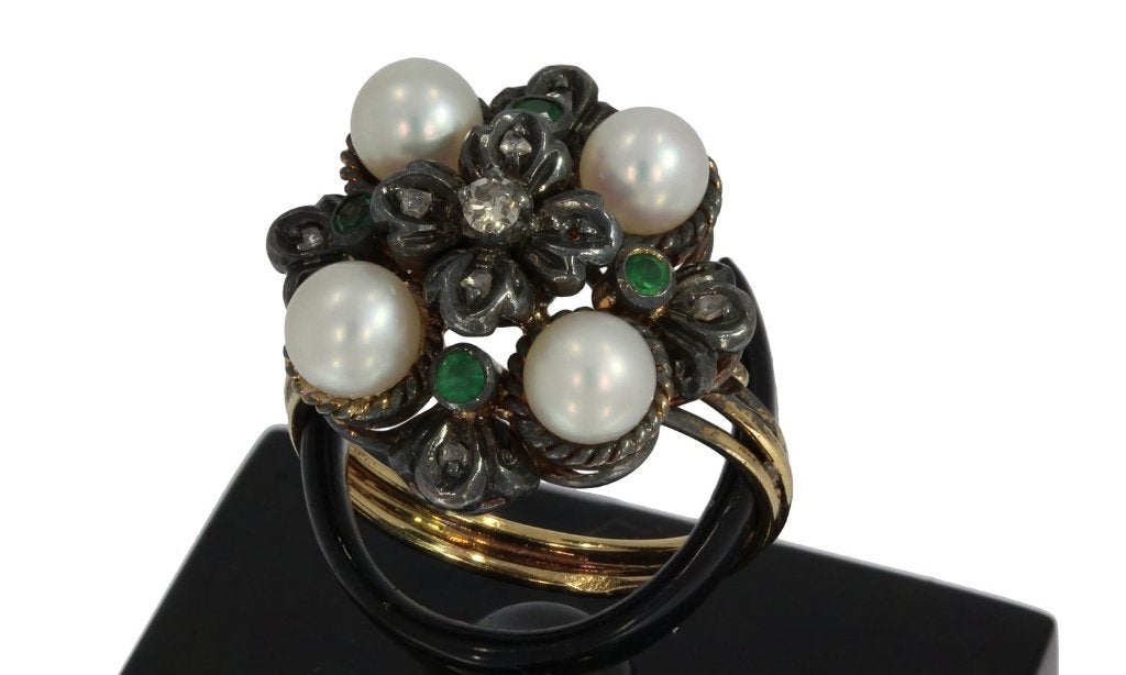 SALE Smaragd diamanten ring 18k goud antiek parel dame fraai