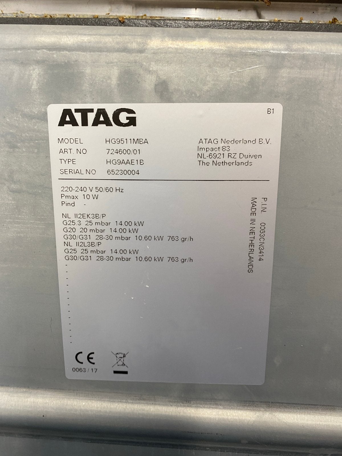 ATAG HG9511MEA Gas Kookplaat - 5 Kookzones, Ophalen, Gebruikt, Inbouw, Gas