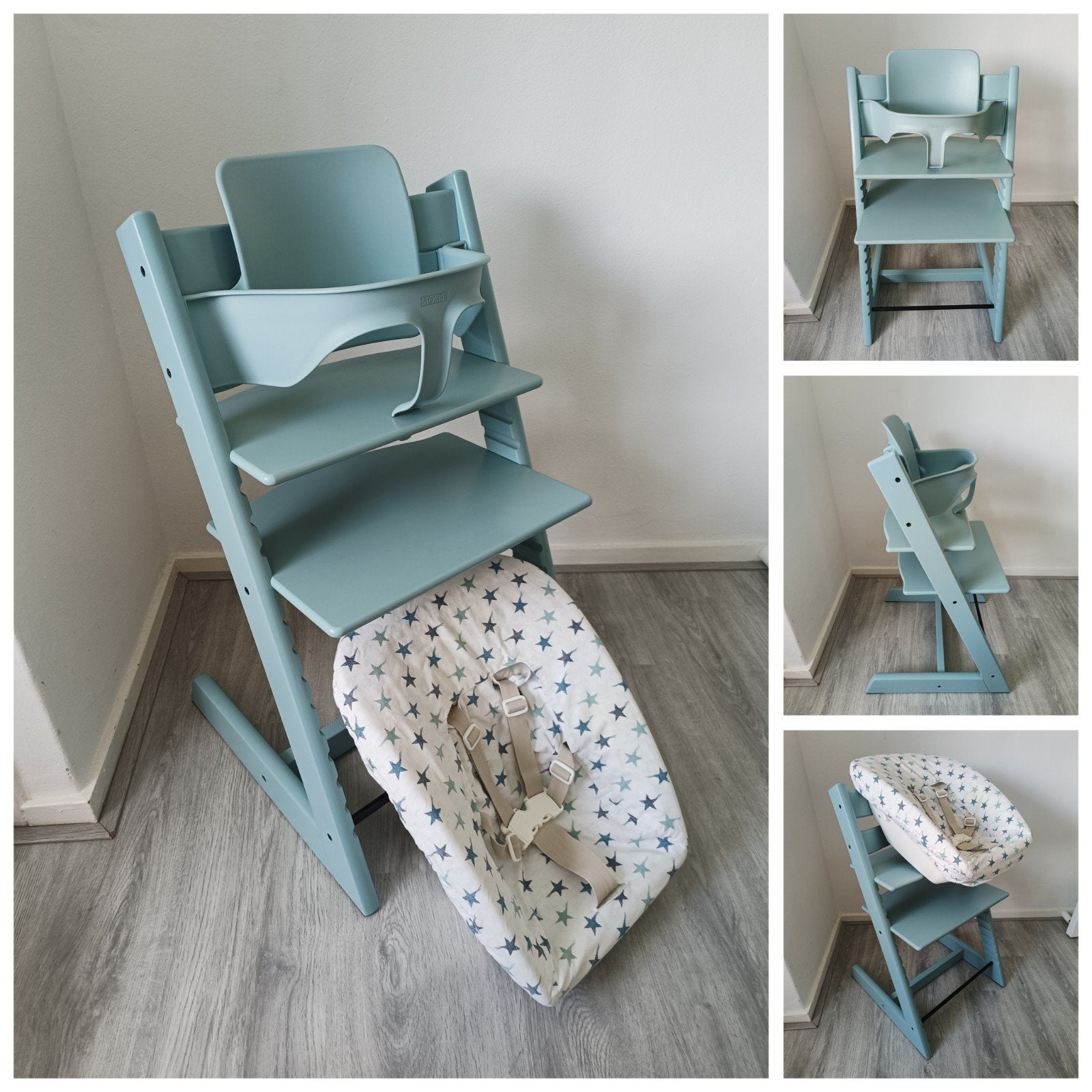 ZGAN! Stokke Tripp Trapp aqua blue+babyset, newbornset, hoes, Kinderen en Baby's, Kinderstoelen, Meegroeistoel, Ophalen of Verzenden