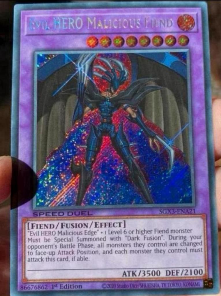 Yu-Gi-Oh! Evil HERO Malicious Fiend SGX3 1st Edition !, Ophalen of Verzenden, Zo goed als nieuw, Losse kaart, Foil