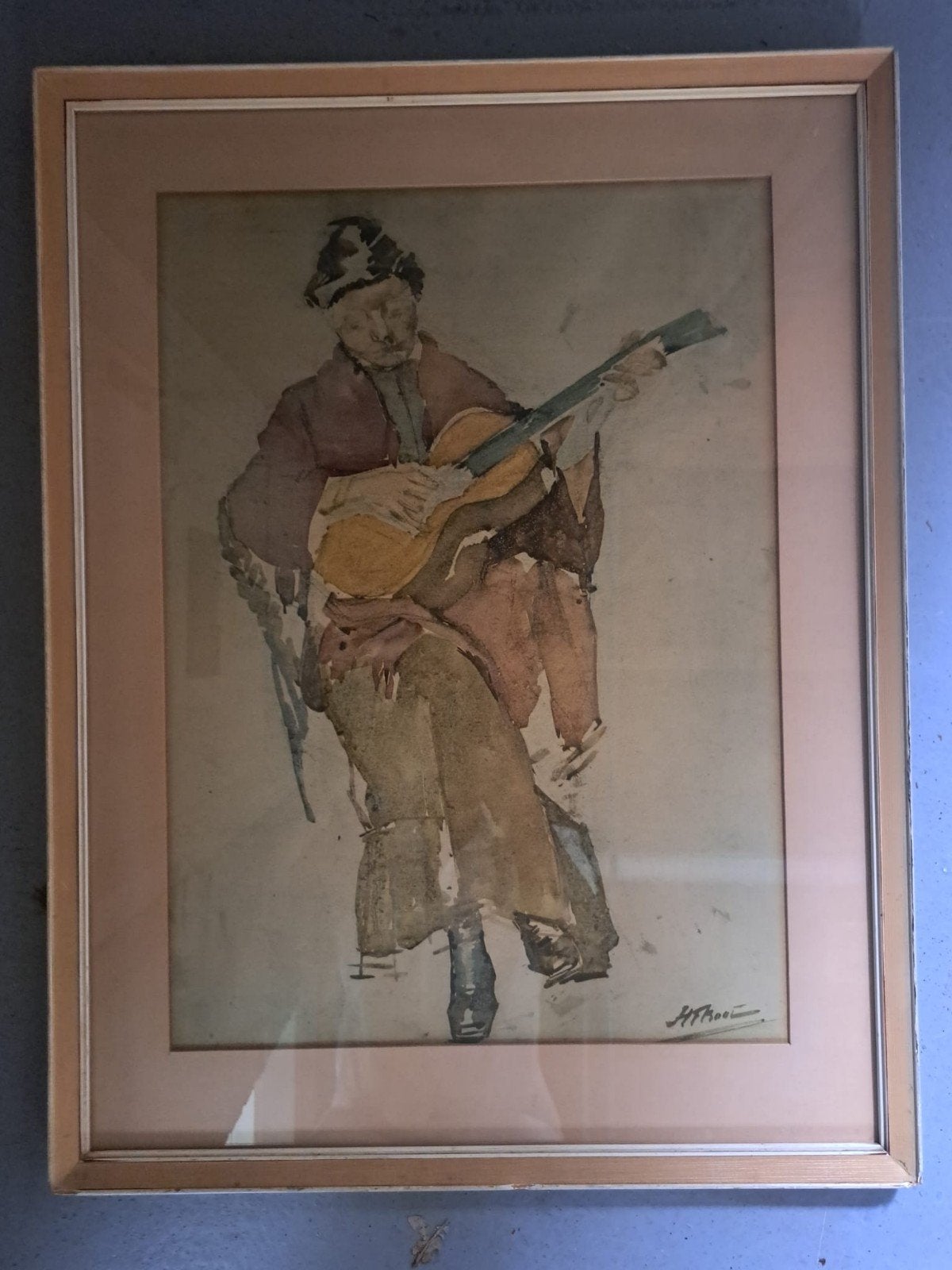 Ingelijste aquarel van een gitarist, gesigneerd, Portret of Personen, Realistisch, Ophalen of Verzenden, Aquarel