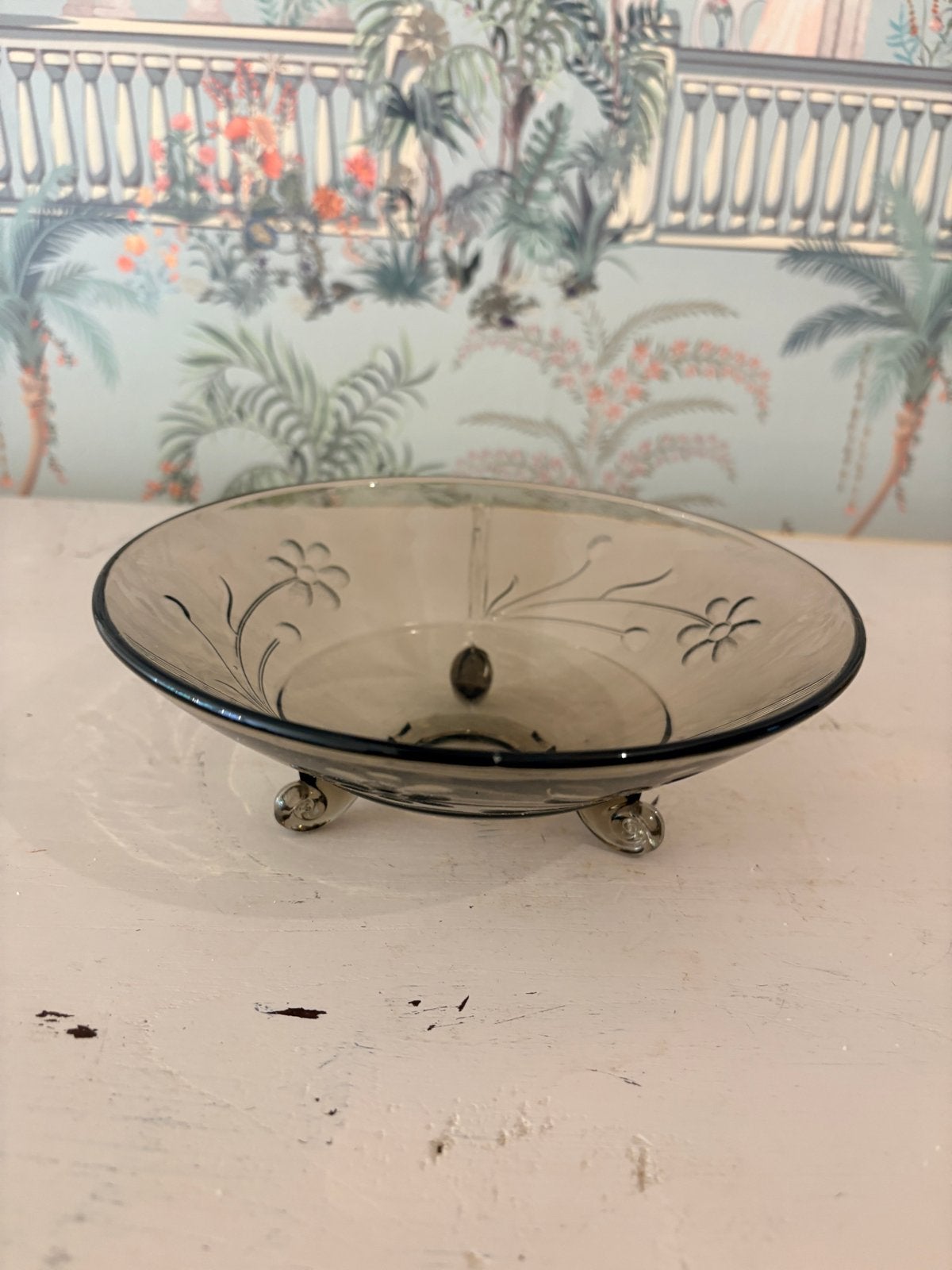 Vintage Art Deco Schaal op Pootjes - Gerookt Persglas, Antiek en Kunst, Ophalen of Verzenden