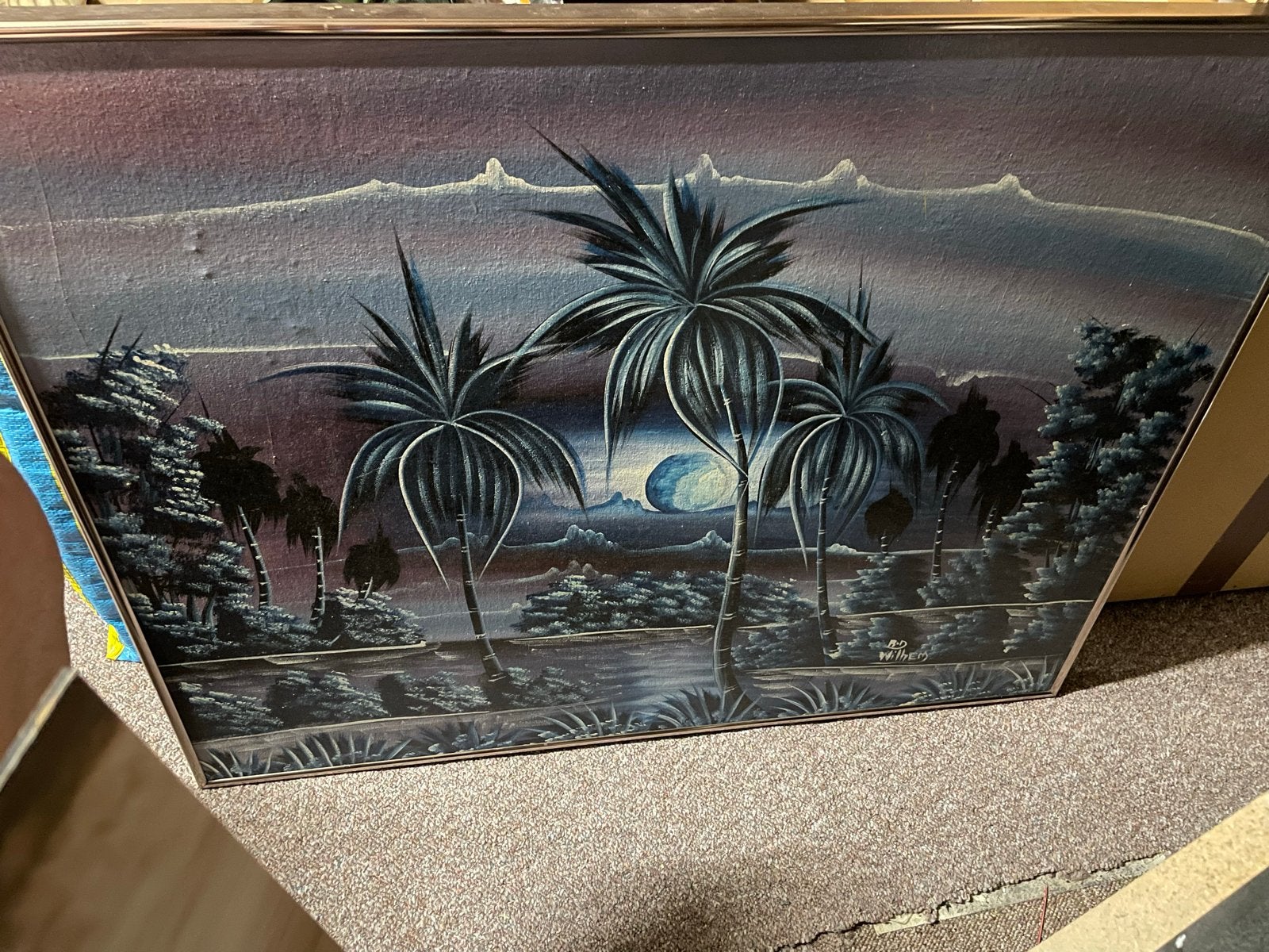 Vintage fluwelen schilderij met palmbomen en maan, Ophalen