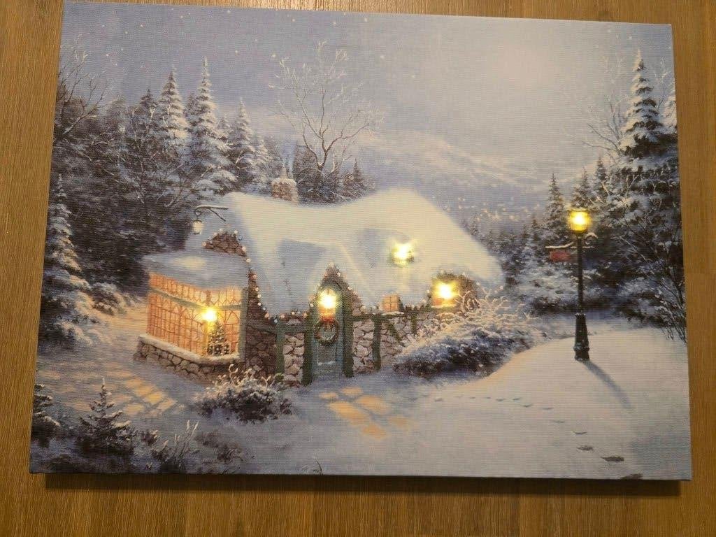Sfeervol Winterlandschap met Verlichting Canvas, Antiek en Kunst, Kunst | Schilderijen | Klassiek, Doek, Realistisch, Ophalen of Verzenden