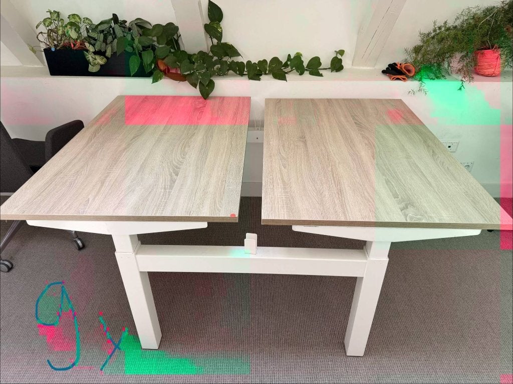 Duo zit-sta bench bureau | handmatig verstelbaar | eiken/wit, Huis en Inrichting, Bureaus, Ophalen, Gebruikt, In hoogte verstelbaar