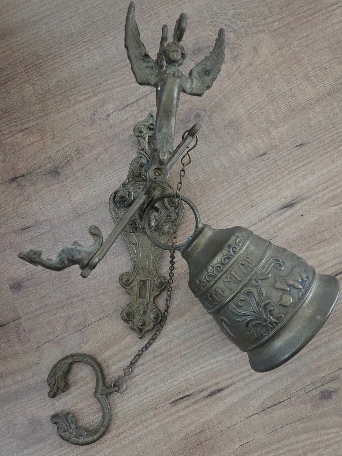 Antieke bronzen deurbel met engel en draken, Ophalen of Verzenden, Brons
