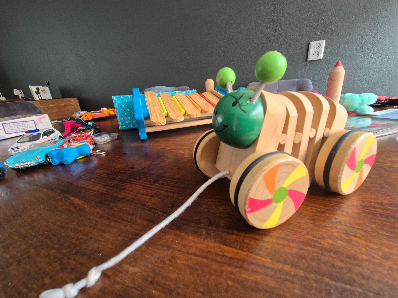 Houten Rups Trekfiguur en Xylofoon - Educatief Kinderspeelgo, Ophalen of Verzenden, Gebruikt, Overige typen, Met wieltjes