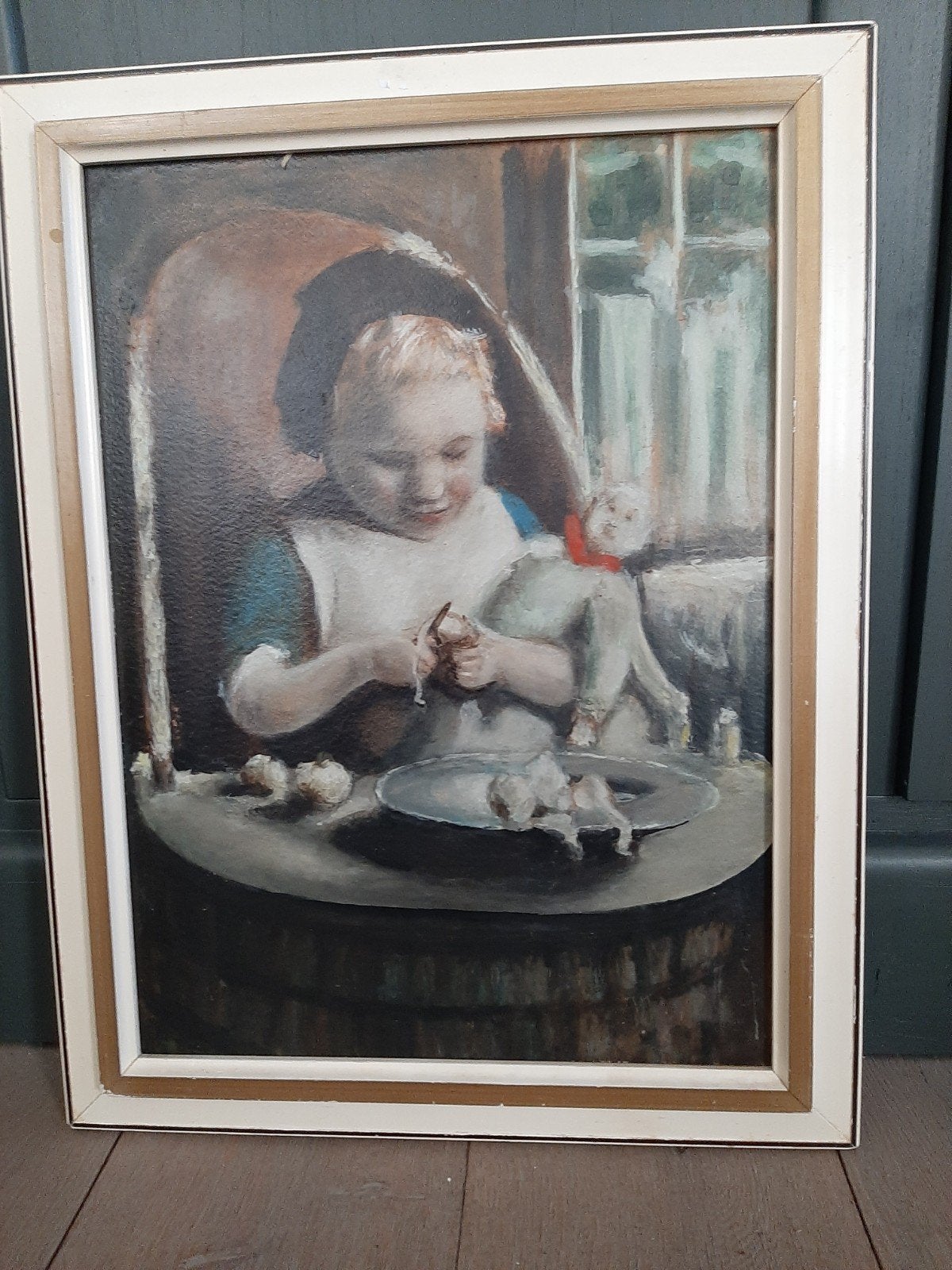 Vintage afbeelding meisje met pop, Ophalen of Verzenden, Gebruikt, Minder dan 50 cm, Schilderij