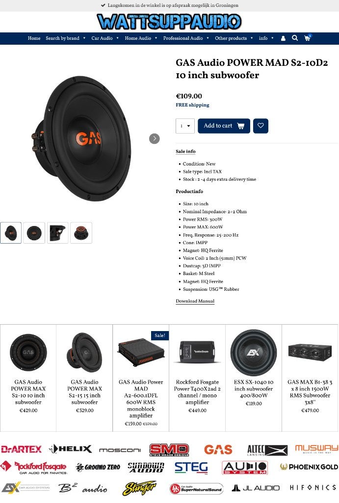 GAS Audio POWER MAD S2-10D2 10 inch subwoofer, Info@optimount.nl, Nieuw, Ophalen of Verzenden, Anholtseweg 48A 7091 HB DINXPERLO