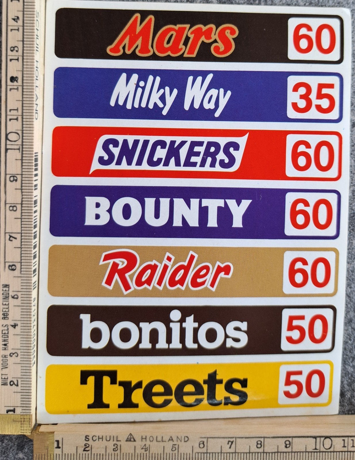 vintage sticker prijslijst candybars Snicker Raider Mars, Ophalen of Verzenden, Zo goed als nieuw, Overige onderwerpen