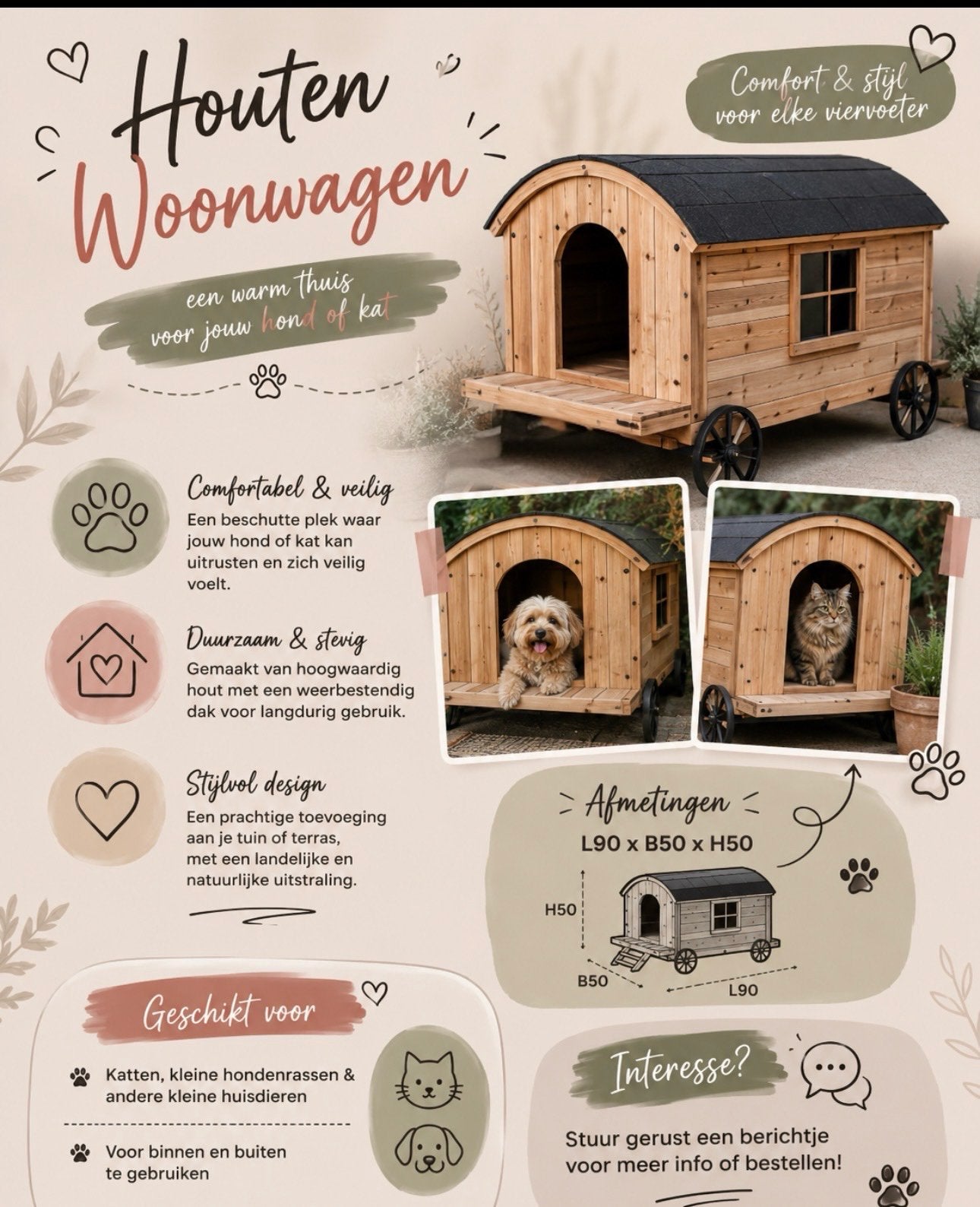 Houten Woonwagen / Huisdier Huis, Dieren en Toebehoren, Nieuw, Hok, Fret, 75 tot 110 cm