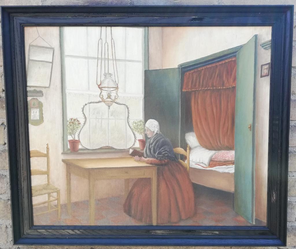 B. Donkers, Interieur boerderij met bedstee. 67/57 cm., Ophalen
