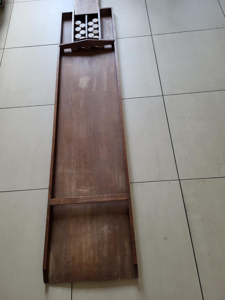 Vintage SJOELBAK 2 meter lang incl 30 sjoelstenen 200 x 45cm, Vijf spelers of meer, Ophalen, Gebruikt