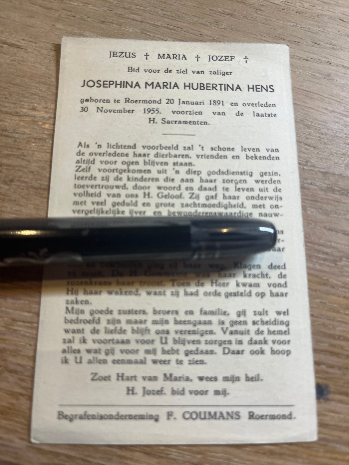 Hens Josephina 1891 Roermond 1955 - 31648-, Verzamelen, Ophalen of Verzenden, Bidprentje