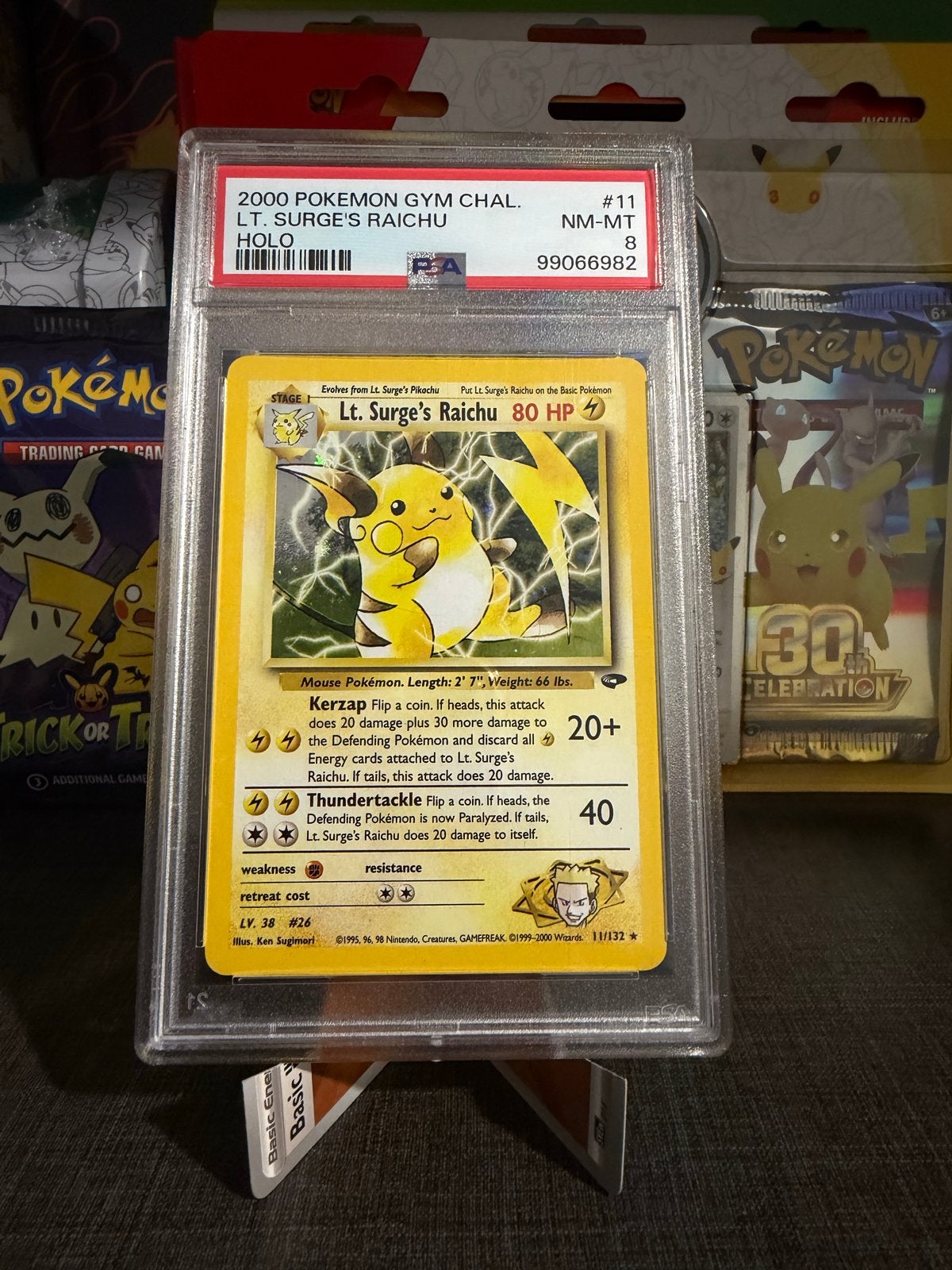 Lt. Surge's Raichu Holo PSA 8 - 2000 Gym Challenge - POP 802, Ophalen of Verzenden, Zo goed als nieuw, Losse kaart, Foil